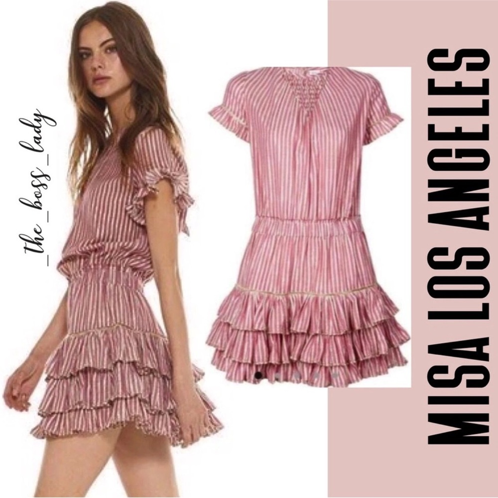 Misa Los Angeles Pink Striped Ruffle Mini Dress